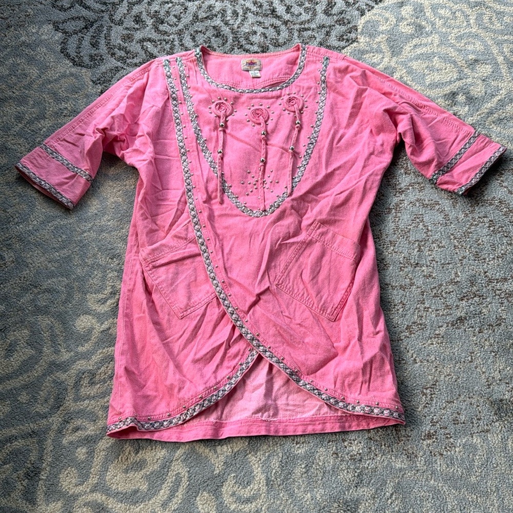 Vintage Blue Creek Denim Bedazzled Wrap Top Pink Medium